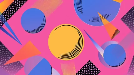 Fotobehang Vibrant 90s style vintage background illustration with funky geometric shapes, neon colors, and retro patterns reminiscent of old-school fashion and pop culture. © TensorSpark