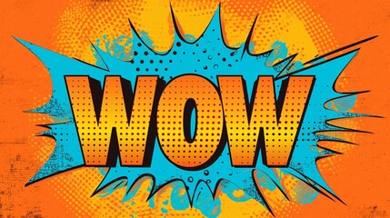 A vibrant, comic book-style illustration featuring a bold, attention-grabbing speech bubble with the word WOW in capital letters, often used to express surprise or amazement in pop art designs. © TensorSpark