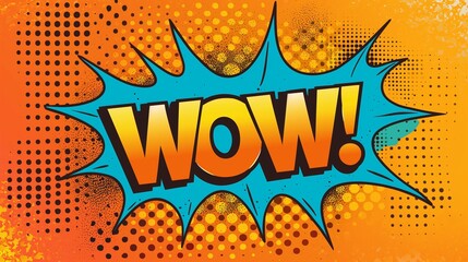 A vibrant, comic book-style illustration featuring a bold, attention-grabbing speech bubble with the word WOW in capital letters, often used to express surprise or amazement in pop art designs.