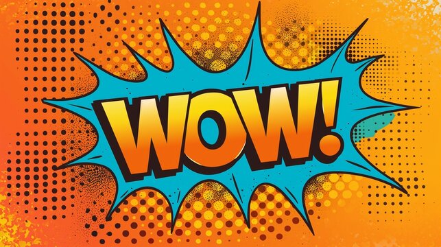 A vibrant, comic book-style illustration featuring a bold, attention-grabbing speech bubble with the word WOW in capital letters, often used to express surprise or amazement in pop art designs.