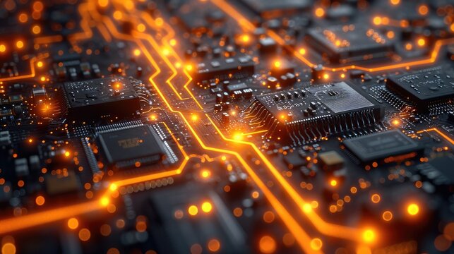 Futuristic Computer Chips connected with glowing dada highway network connections laying on a glossy black plane with circuit board. Generative AI.