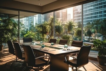 Modern office interior with large windows and tropical plants