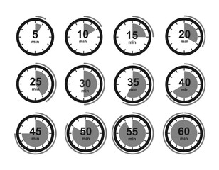 countdown timer icon symbol set. from 5 minute to 60 minute. label cooking or stopwatch timer sign.  vector illustration isolated on white background.