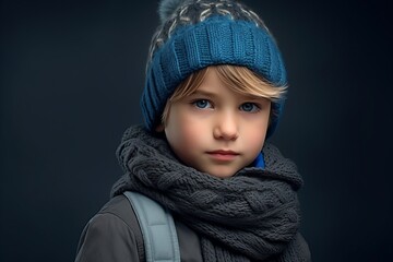 Portrait of a boy in a warm knitted cap and scarf