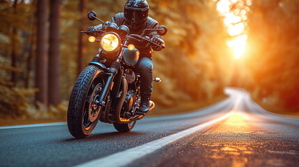 A motorcyclist on a racing motorcycle rides down the road