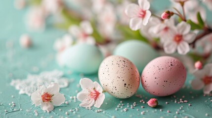 Fototapeta na wymiar Pastel eggs, delicate lace, and dainty florals compose a refined spring background