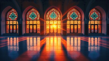 Mosque silhouette, illuminated windows, portraying unity, and shared spirituality with copy space