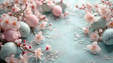 Pastel eggs, delicate lace, and dainty florals compose a refined spring background - obrazy, fototapety, plakaty