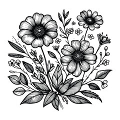 set of floral hand drawn style. flower rose, peony, leaves for decoration. black and white vector flowers  illustration