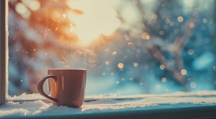 coffee cup sitting beside a window during the winter time - obrazy, fototapety, plakaty