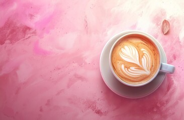 coffee cup on a pink background with latte art - obrazy, fototapety, plakaty