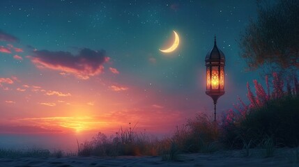 Nighttime Ramadan scene, crescent moon, and calmness in the air with copy space