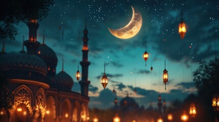Naklejka premium Nighttime Ramadan scene, crescent moon, and calmness in the air with copy space