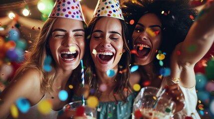 Laughing friends, party hats, and vibrant decorations for a lively birthday celebration