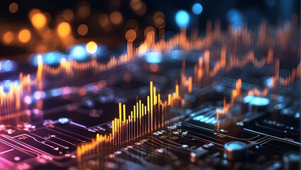 financial graphs on electronic circuits with blurred background - obrazy, fototapety, plakaty
