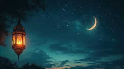 Obraz na płótnie Canvas Nighttime Ramadan scene, crescent moon, and calmness in the air with copy space