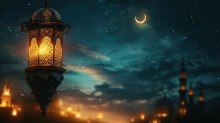 Fototapeta na wymiar Nighttime Ramadan scene, crescent moon, and calmness in the air with copy space