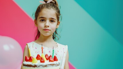 happy birthday litthe girl with birthday cake against vivid minimalist background