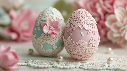 Obraz premium Delicate egg patterns, lace, and pearls create an Easter card sophistication