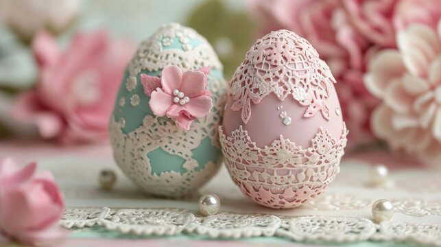 Delicate egg patterns, lace, and pearls create an Easter card sophistication