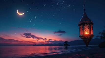 Fototapeta na wymiar Nighttime Ramadan scene, crescent moon, and calmness in the air with copy space