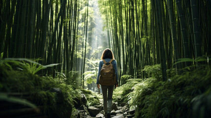 Eco-friendly traveler in bamboo forest