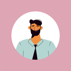 Avatar in the style of a Business meeting. This business man's avatar adds a touch of character and charm, making it an approachable representation for business-related content. Vector illustration.