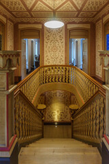 Central wooden staircase of Countess of Edla at Pena Palace Park, Sintra, Lisbon, Portugal - obrazy, fototapety, plakaty