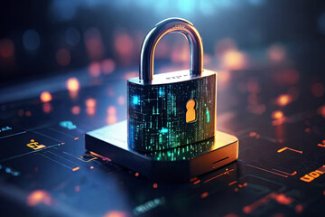 Enhance cybersecurity with a digital padlock icon on a virtual interface screen. Safeguard your...