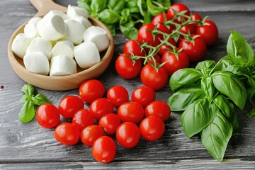 Ingredients for caprese salad include mozzarella cherry tomatoes and fresh basil