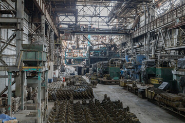 Destroyed workshop of cast iron plant during war in Ukraine.