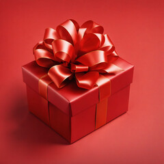 red gift, ribbon, bow on red background