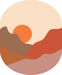 Set of abstract landscape round icons. Contemporary travel template for social media story cover, blog, print, boho sun and mountain minimalist wall art decor. Vector illustration