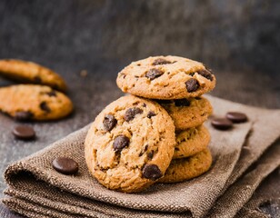 Chocolate chips cookies on brown napkin 