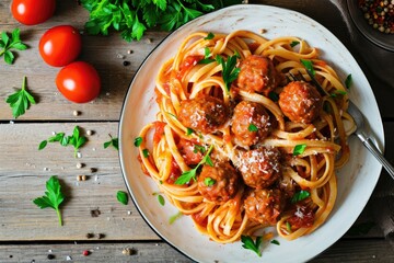 Plate of pasta and meatballs on a wooden table