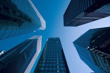 blue sky is over the reflective skyscrapers. in the style of urban, metropolis. business office buildings. generative AI