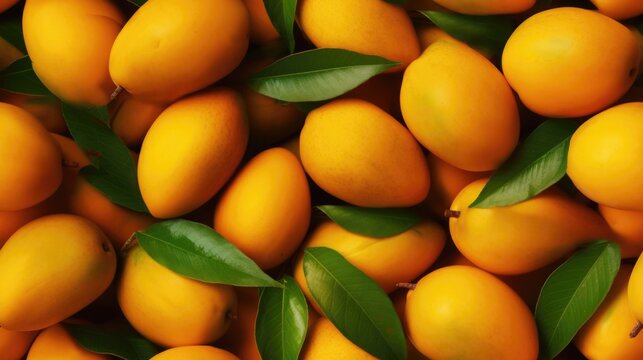 Mango, leaves seamless pattern. Fruit repeated background of harvest.