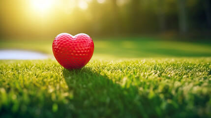 a red heart shaped golf ball on green grass with copy space for text, valentine's day and love to golf concept - obrazy, fototapety, plakaty