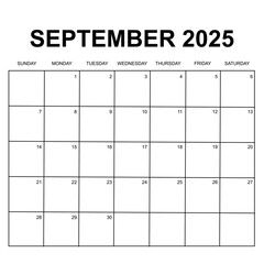 september 2025 calendar. Week starts on Sunday. Printable simple and clean calendar design. Stationery vector design.