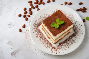 Italian traditional dessert Tiramisu white plate top view copy space
