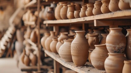 Fototapeta na wymiar Rows of pottery goods on shelves in a ceramic workshop studio