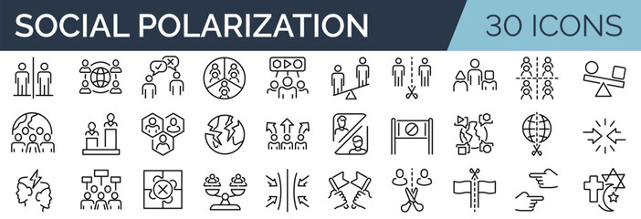 Set of 30 outline icons related to social polarization. Linear icon collection. Editable stroke. Vector illustration