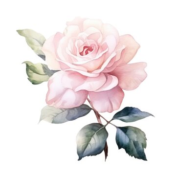 Bush rose pink flower watercolor illustration. Floral blooming blossom painting on white background