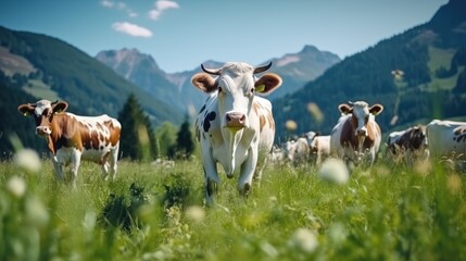 Fototapeta na wymiar A herd of well-groomed, beautiful, healthy cows graze on a green meadow in the mountains. Modern farm life