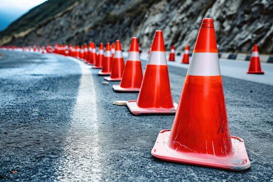 Red traffic cones installed as safety warning for new road drive