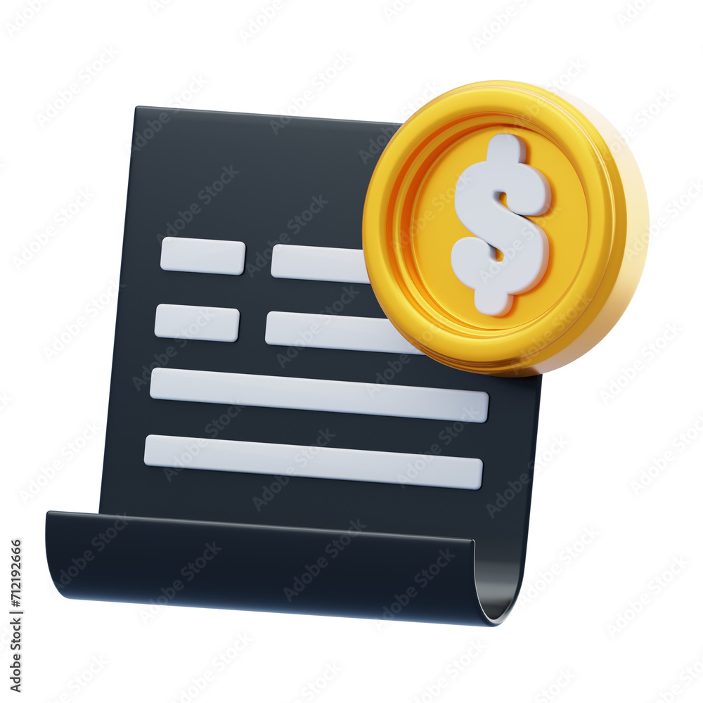 Poster bill 3d model of a receipt and dollar coin on the top corner. 3d illustration, 3d element, 3d render