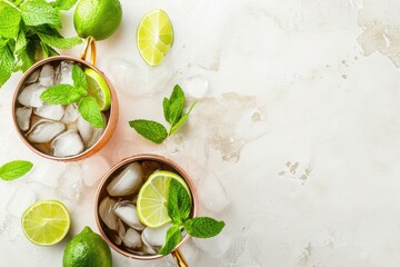 Moscow mule or mint julep in copper mug with lime ginger beer vodka and mint White table top view copy space