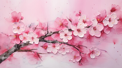 Sakura cherry branch with pink blossoms. Oil painting