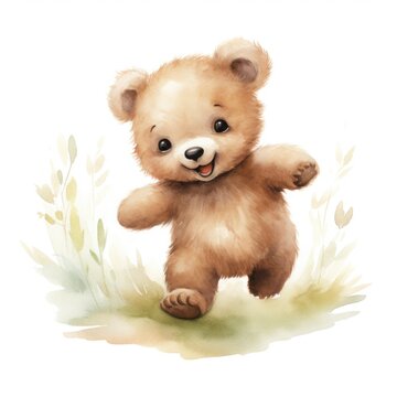 Cute baby bear cub character playing and running watercolor illustration for children book.