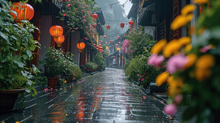 A beautiful street in the rain with flowers in the background. Generative AI. - obrazy, fototapety, plakaty